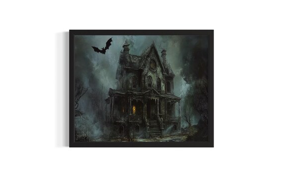 Haunted Gothic Mansion at Night with Bats Creepy Horror Art Poster