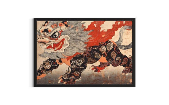Lunar Lion Dance Japanese Poster Art Print Living Room Wall Original Painting Artwork Decor