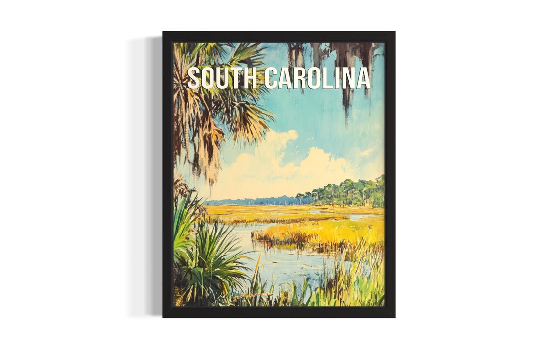 South Carolina Lowcountry Marsh Palms Vintage Travel Style Art Poster
