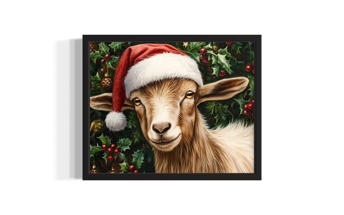 Smiling Goat in Santa Hat with Holly Berries Christmas Painting Poster