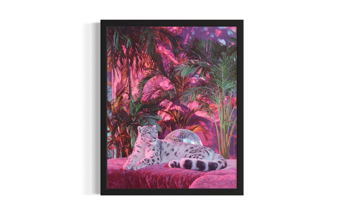 Snow Leopard Lounging on Pink Velvet Bed with Disco Ball Party Poster