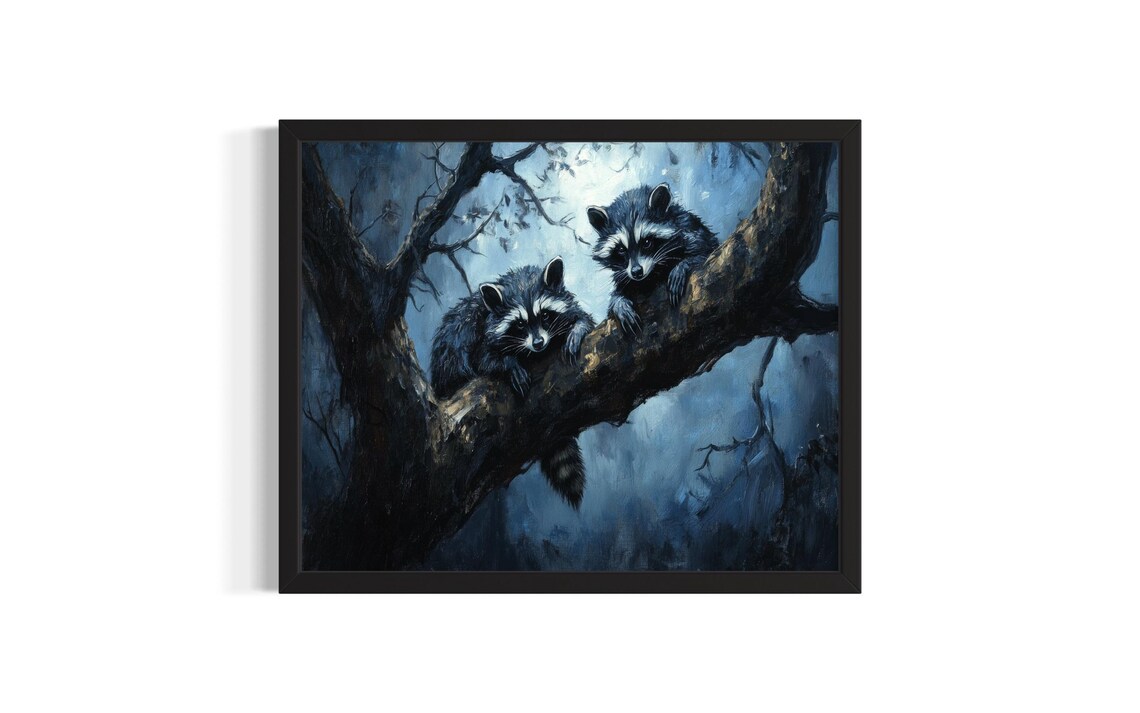 Two Dark Raccoons on Branch Moonlit Forest Gothic Art Poster