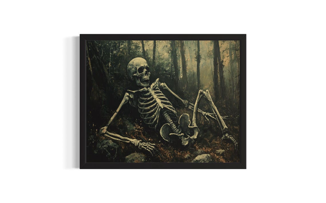 Skeleton Resting in Dark Misty Forest Gothic Horror Art Poster
