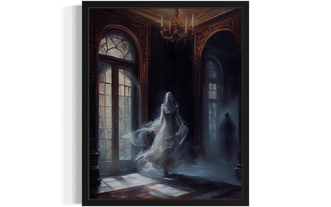 Ethereal Ghost Floating Through A Grand Mansion Hallway Poster