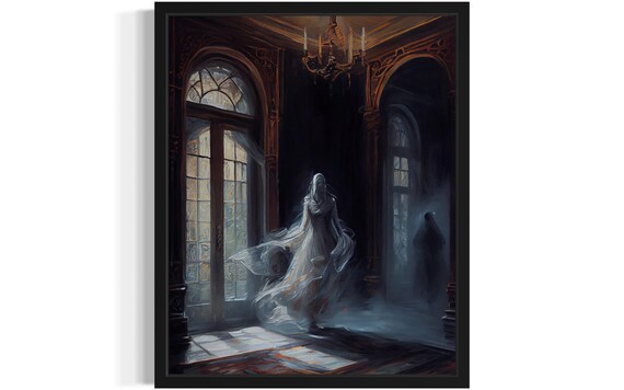 Ethereal Ghost Floating Through A Grand Mansion Hallway Poster