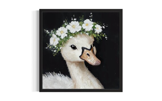 White Duckling with White Flower Crown on Black Background Poster