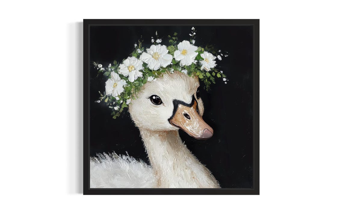 White Duckling with White Flower Crown on Black Background Poster