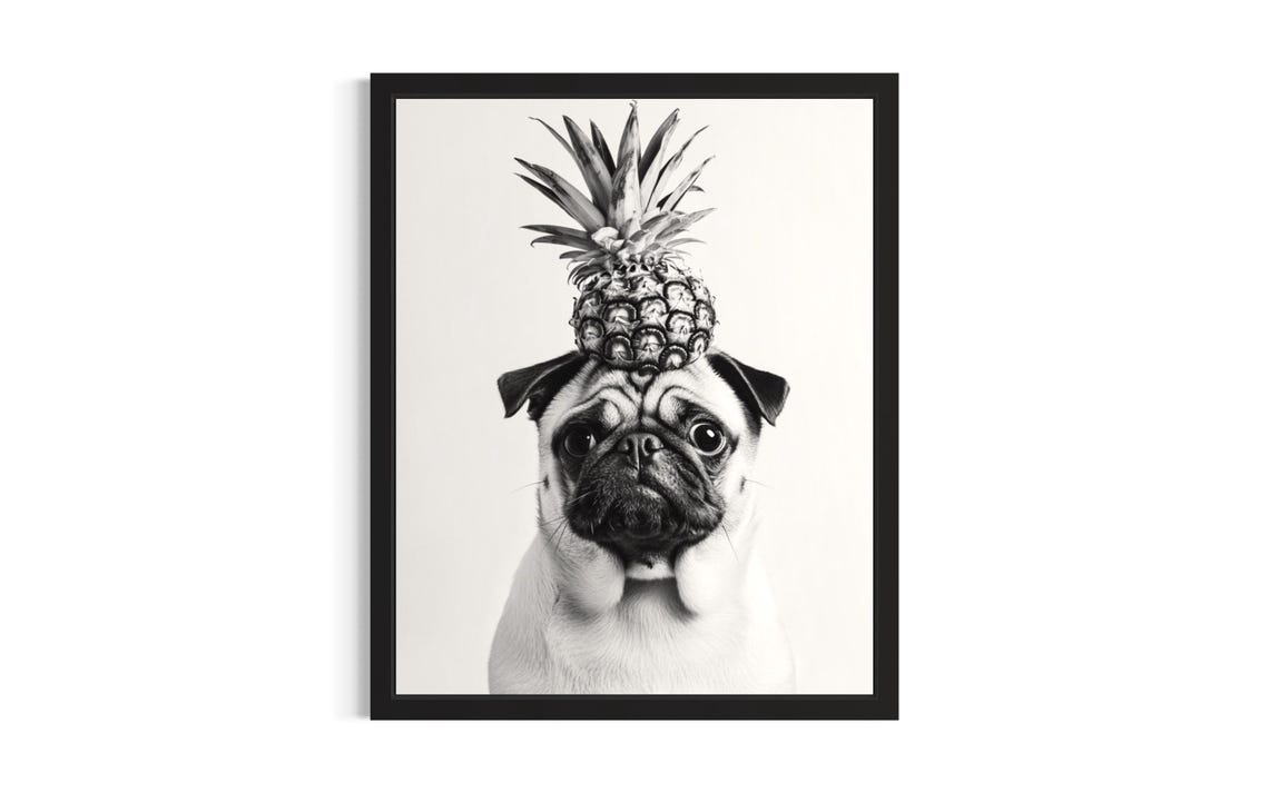 White Pug Balancing Pineapple on Head Cute Black and White Dog Poster
