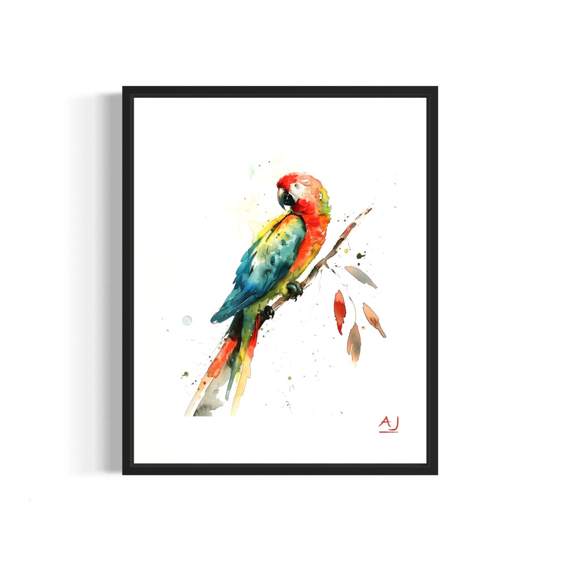 Green Parrot Perched on a Blossoming Branch Watercolor Painting Poster