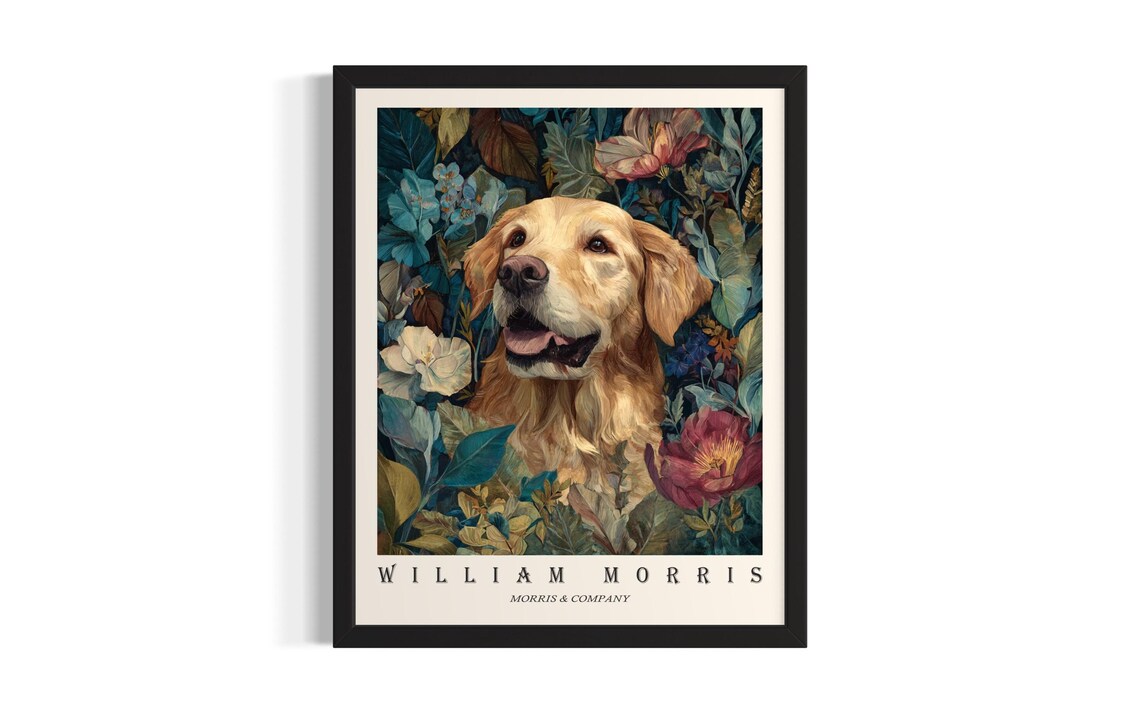Golden Retriever William Morris Floral Botanical Dog Portrait Poster