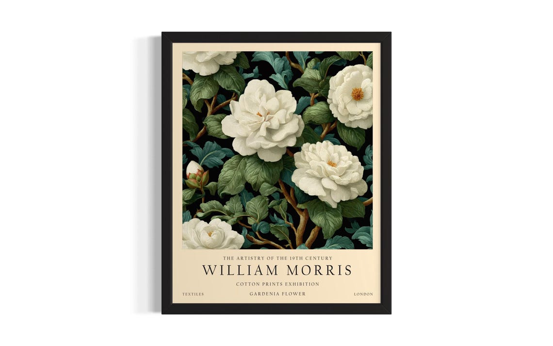 White Gardenia William Morris Cotton Prints Exhibition Poster