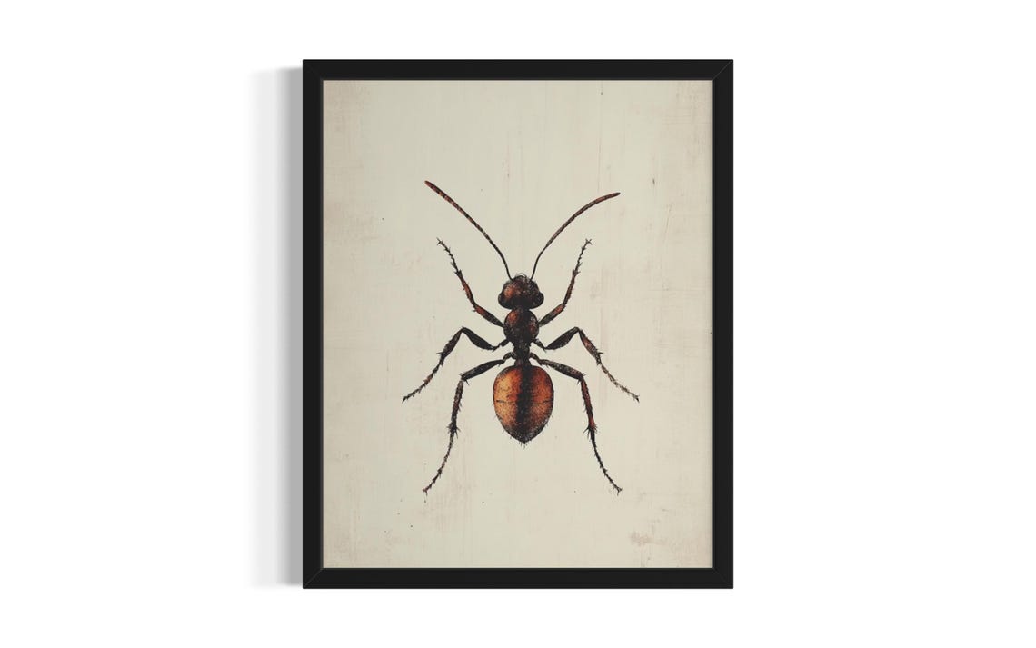 Ant Botanical Illustration Vintage Cream Insect Study Art Poster