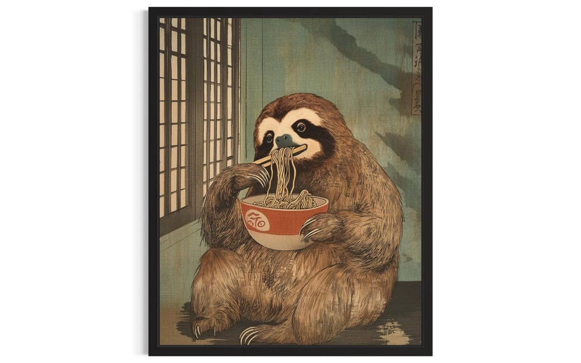 Sloth Animal Kitchen Ramen Poster Art Print Wall Original Painting Artwork Decor