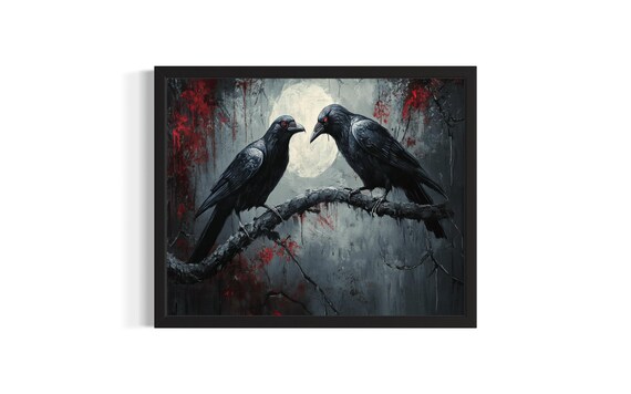 Two Demonic Ravens Red Eyes Moonlit Branch Gothic Art Poster