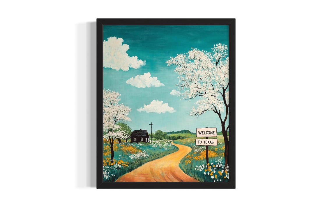 Texas Welcome Sign Blooming Trees Dirt Road Cabin Folk Poster