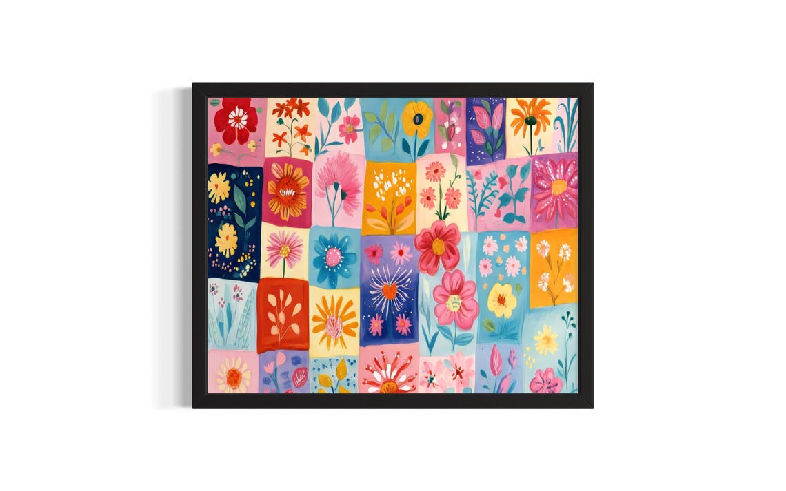 Floral Quilt Patchwork Colorful Flower Squares Folk Art Poster