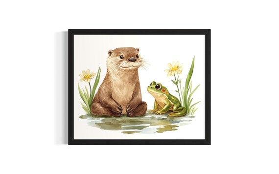 Otter And Frog Animal In Harmony Forest Wildlife Poster Art Print Living Room Wall Original Painting Artwork Decor