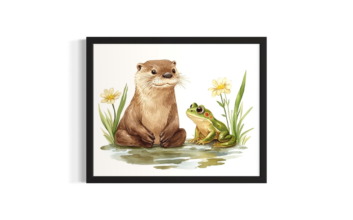 Sweet Otter and Frog by the Water with Daisies Watercolor Poster