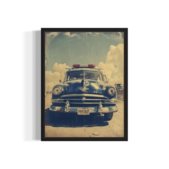 Vintage Police Patrol Car Red Light Classic Cop Car Retro Photo Poster