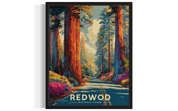 Redwood National Park Road Through Towering Trees Vintage Travel Poster