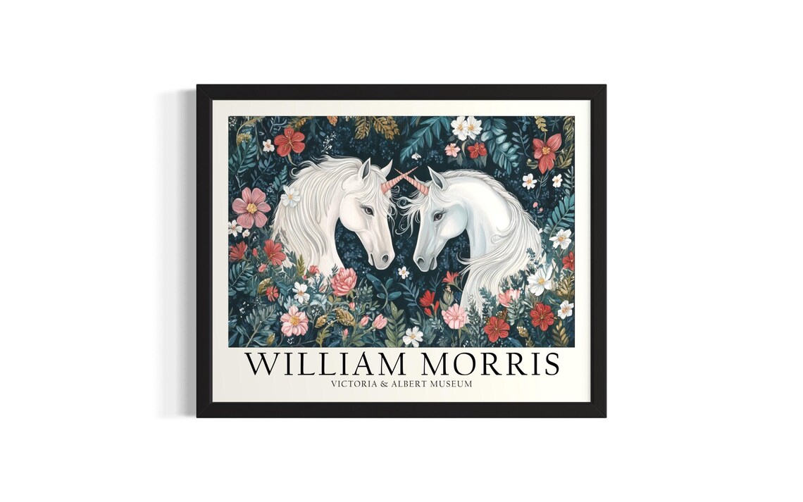 Two White Unicorns Among Wildflowers William Morris Inspired Art Poster