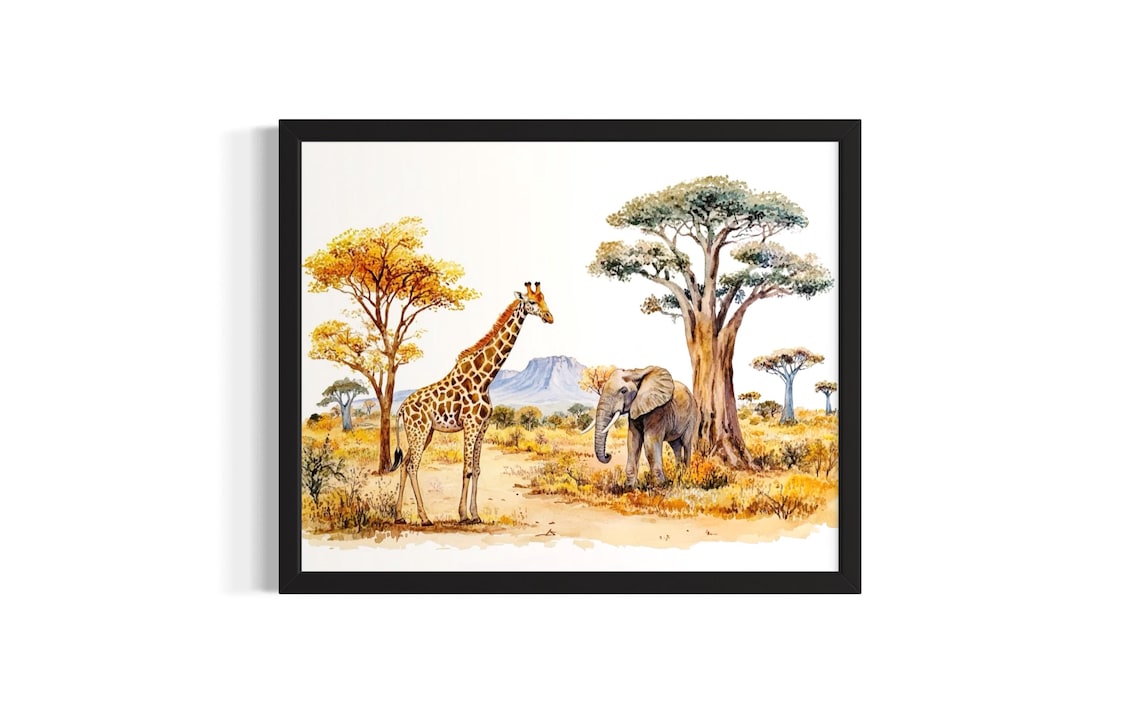 Giraffe and Elephant in Golden Savanna Light Watercolor Poster