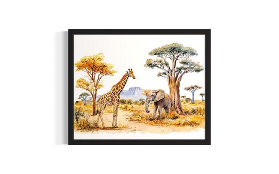 Giraffe And Elephant Animal In Safair Harmony Poster Art Print Living Room Wall Original Painting Artwork Decor