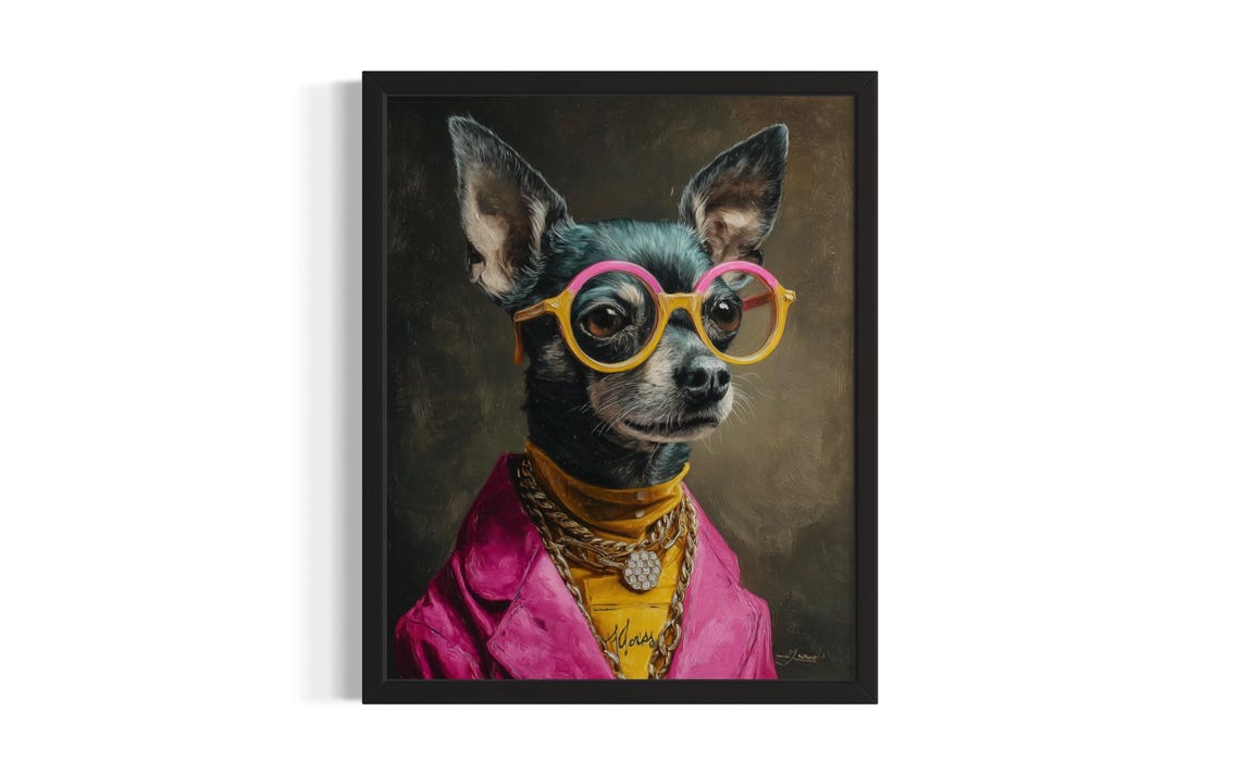 Chihuahua Dog Hip Hop Portrait Pink Blazer Gold Chains Funny Poster