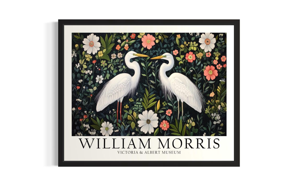 William Morris White Egrets Among Cosmos Blooms Vintage Art Poster