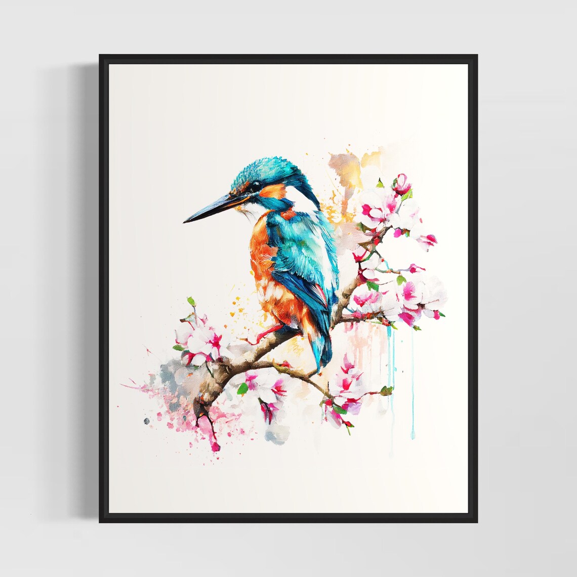 Common Kingfisher Perched On Cherry Blossom Branch Watercolor Poster