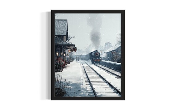 Vintage Christmas Steam Train Arriving Snowy Station Holiday Poster