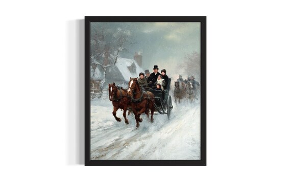 Victorian Winter Horse Carriage Ride Through Snowy Village Poster
