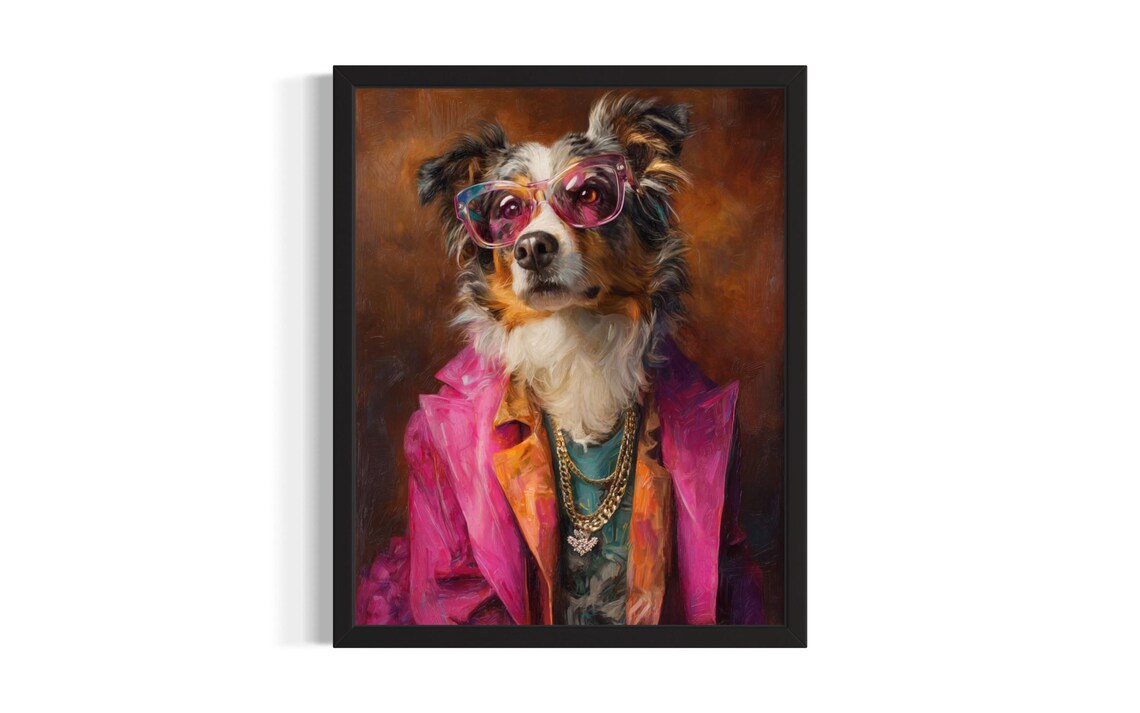 Stylish Dog Portrait in Pink Blazer and Sunglasses Pop Art Poster