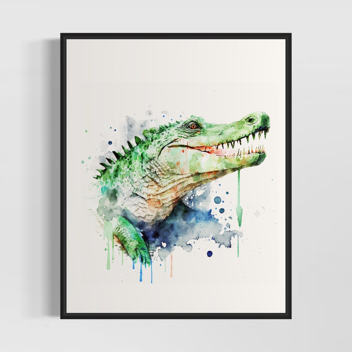 Green Crocodile Head Profile With Open Jaw Watercolor Art Poster