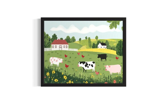 Farm Animals Barn Cows Pigs Chickens Kids Illustration Poster