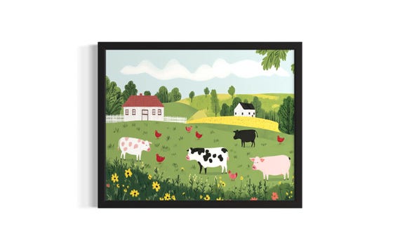 Farm Animals Children Nursery Poster Art Print Living Room Wall Original Painting Artwork Decor
