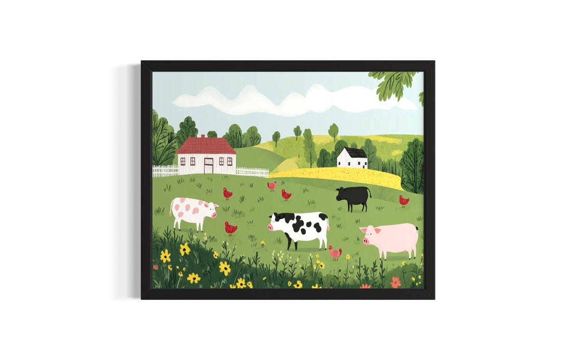 Farm Animals Barn Cows Pigs Chickens Kids Illustration Poster