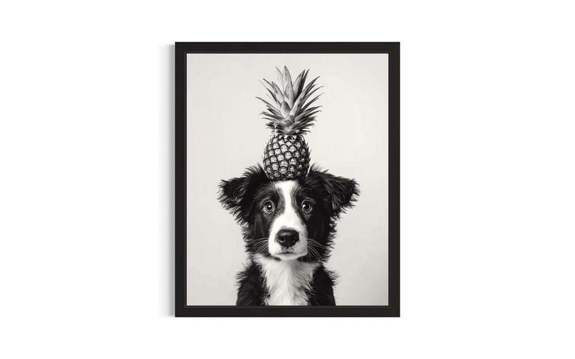 Puppy Balancing Pineapple on Head Funny Kitchen Dog Portrait Poster