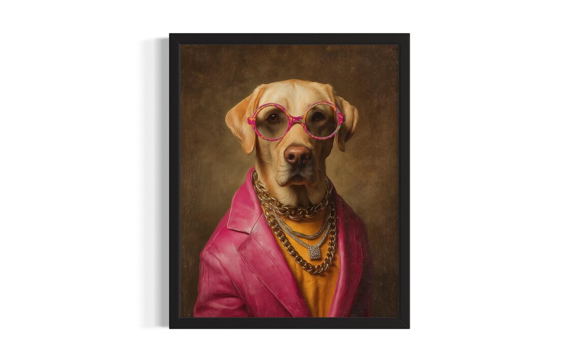 Labrador Dog Hip Hop Portrait Pink Glasses Gold Chains Funny Poster
