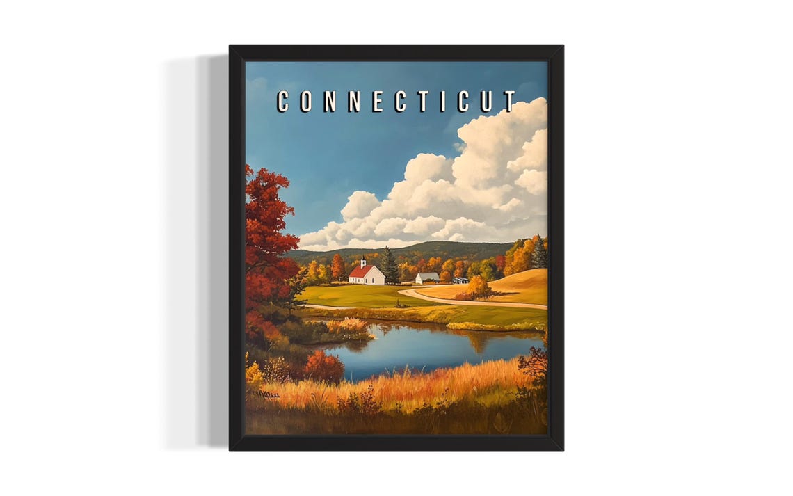 Connecticut Fall Lake Red Foliage White Farmhouse Art Poster