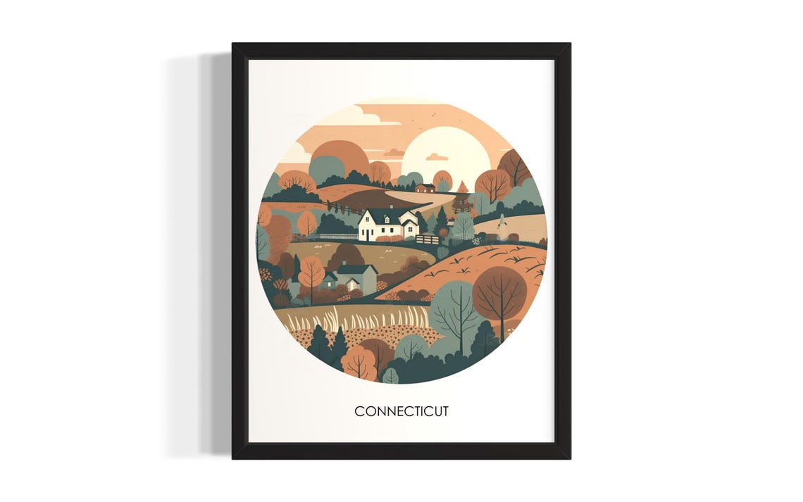 Connecticut Circular Farm Landscape Autumn Sunset Art Poster