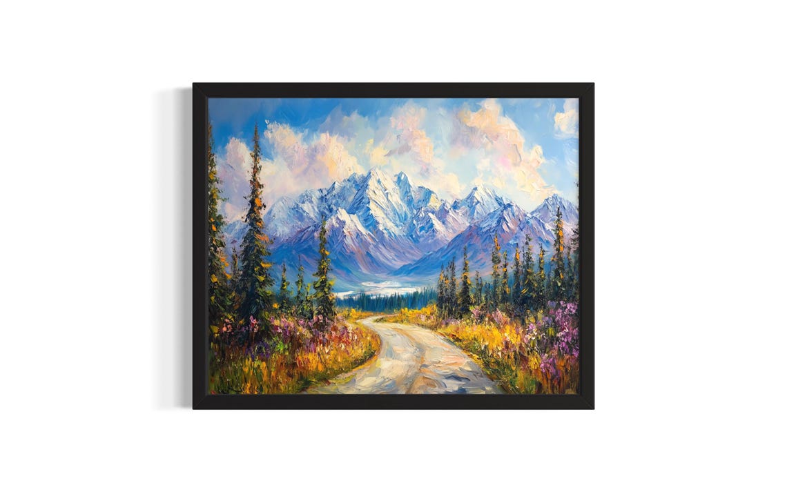 Mountain Road Through Wildflower Meadow Snowy Peaks Scenic Art Poster