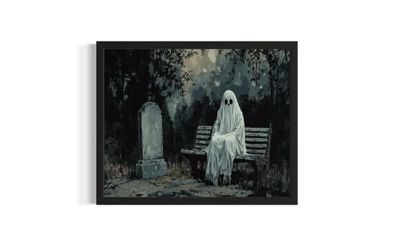 Lonely Ghost on Cemetery Bench Beside Tombstone Melancholy Art Poster