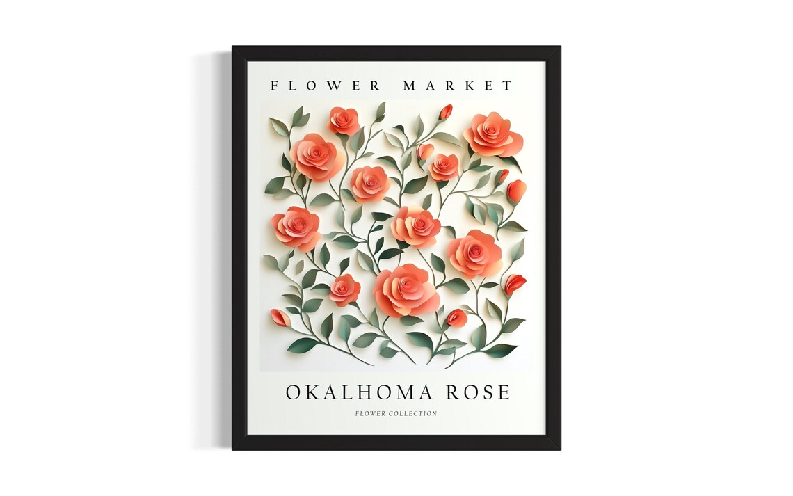 Oklahoma Rose Flower Market 3D Paper Cut Coral Pink Rose Art Poster