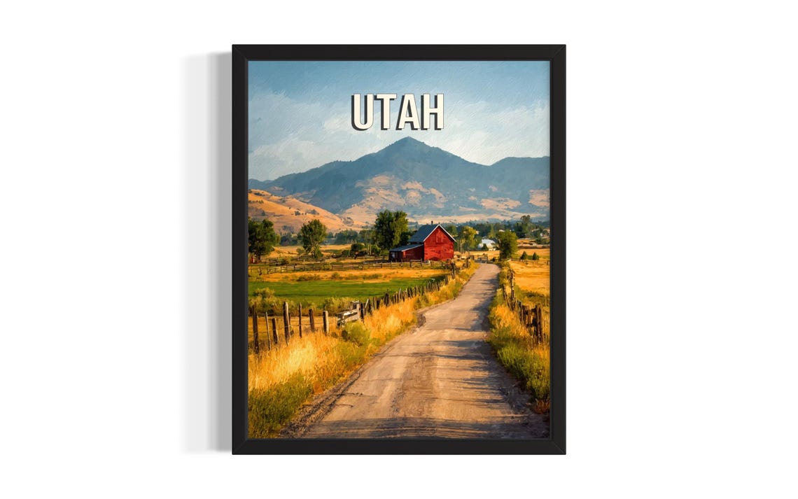 Utah Rural Farmland Red Barn Country Road Mountain View Poster