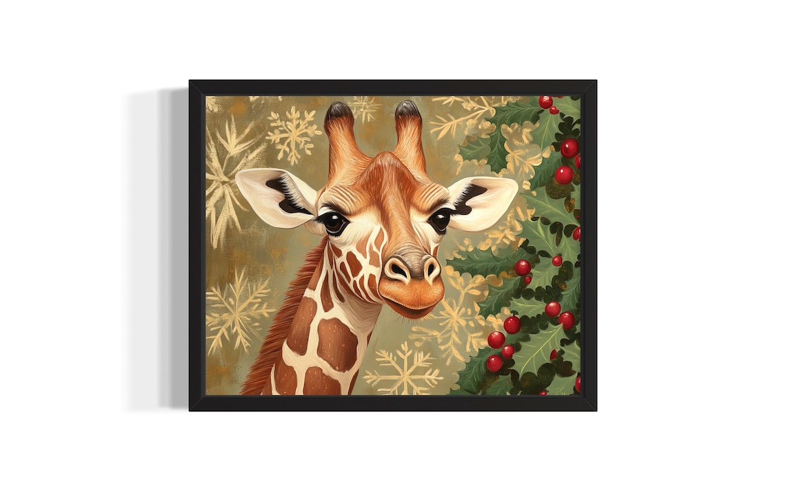 Giraffe Portrait with Holly Berries and Snowflakes Christmas Poster
