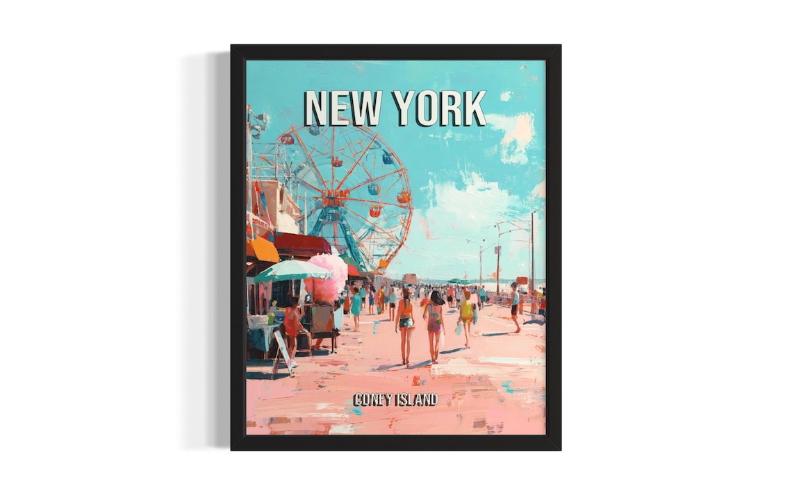 New York Coney Island Boardwalk Ferris Wheel Retro Summer Poster