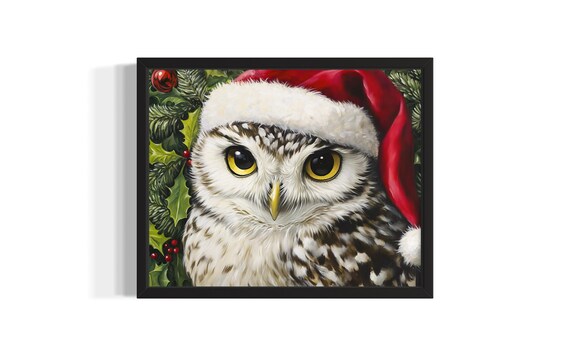 Snowy Owl Wearing A Santa Hat Among Holly Berries Christmas Poster