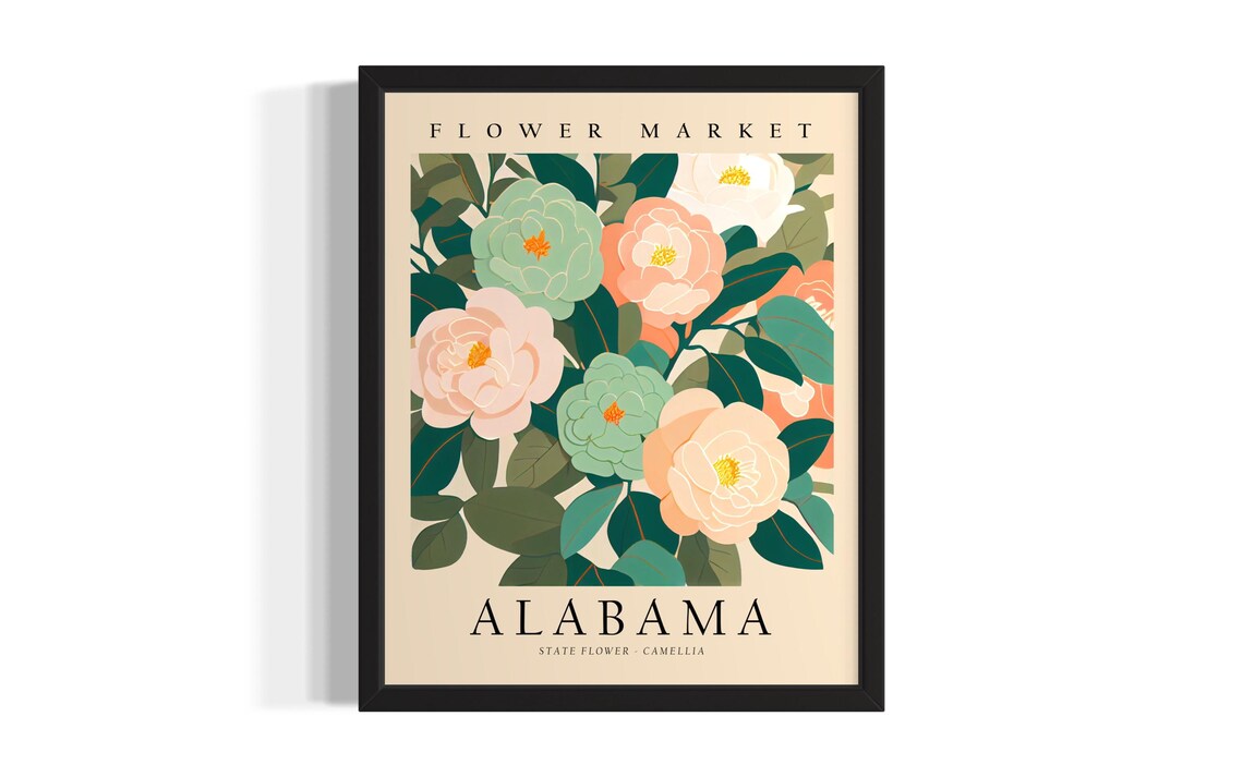 Alabama Flower Market Camellia State Flower Botanical Poster