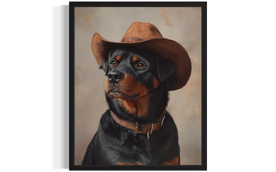 Noble Rottweiler in Cowboy Hat Funny Western Dog Portrait Poster
